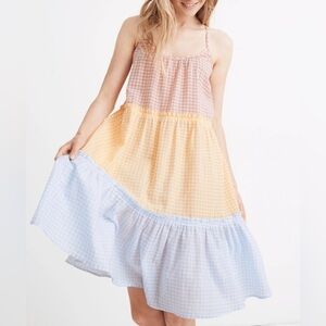 Madewell Gingham Tiered Midi Dress Womens Med Pink Yellow Blue Pastel Seersucker